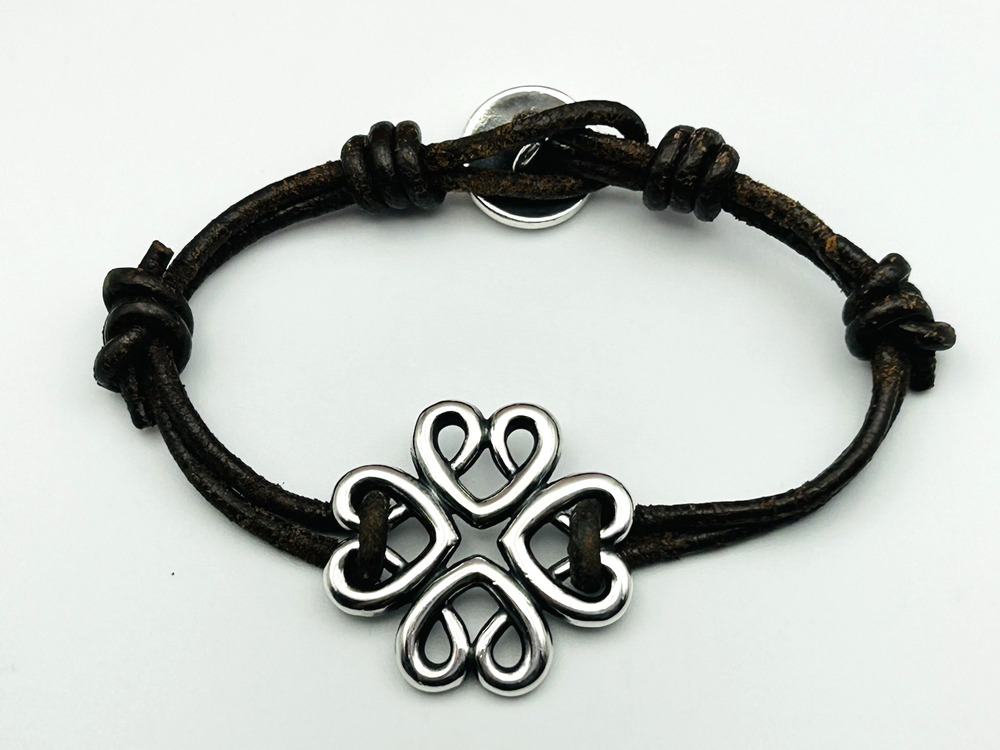 James Avery Retired 925 Sterling Silver 4 Heart Clover Flower Leather Bracelet